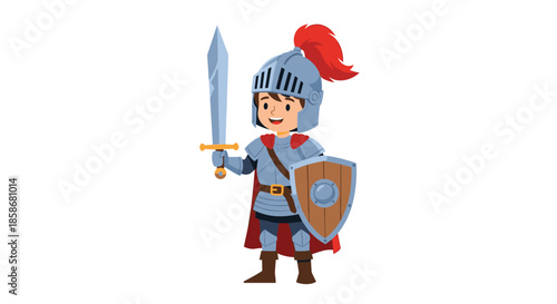 Brave young boy dressed in a silver knight armor holds a sword and a wooden shield with a look of determination.