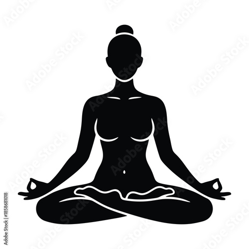 Black silhouette of a woman meditating in lotus pose yoga meditation