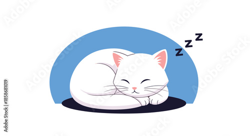 Cute white kitten sleeps peacefully curled up in a ball on a blue background with zzz snoring symbols above.