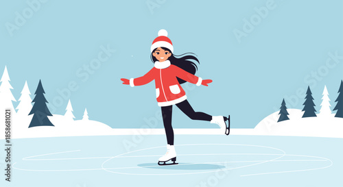 Beautiful young woman wearing a red winter jacket and hat glides gracefully while ice skating on a frozen lake.