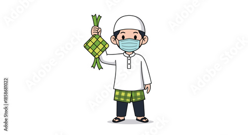 Young Muslim boy wearing a white cap and medical mask holds up a traditional ketupat rice cake during eid holiday.