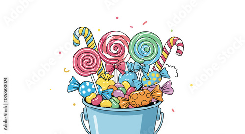 Large bucket overflowing with assorted colorful candies, lollipops, and sweets creates a sugary and festive scene.