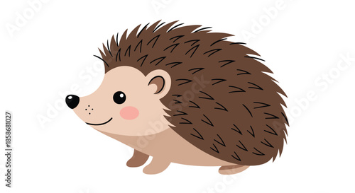 Small brown hedgehog with soft quills and a cute face stands sideways on a plain white background for illustration.