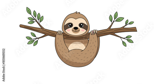 Cute brown sloth hangs lazily from a tree branch with green leaves while smiling gently at the camera.