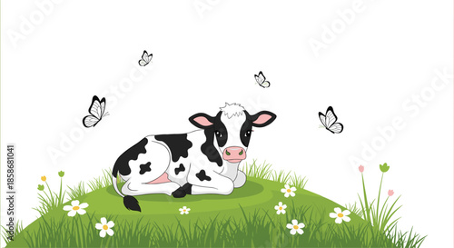 Cute black and white spotted calf lies peacefully in a green meadow filled with white flowers and butterflies.