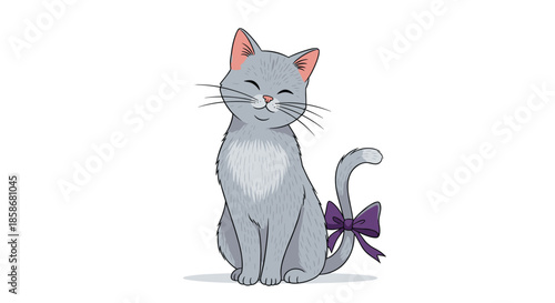 Elegant grey cat with a purple bow tied to its tail sits gracefully and looks at the camera with a soft smile.