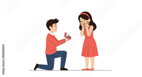 Romantic man kneels down to propose to his surprised girlfriend with a diamond ring in a small red box.