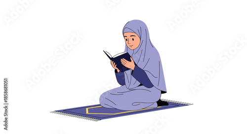 Young Muslim girl in a purple hijab sits on a prayer rug and reads her book with great devotion and care.