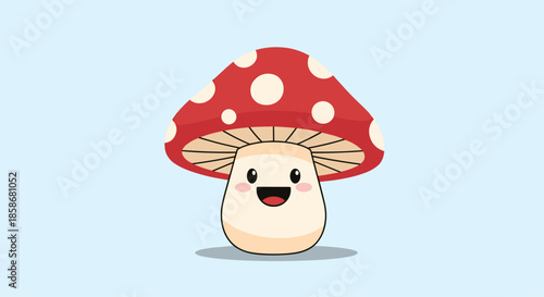 Adorable red mushroom character with white spots and a big happy smile stands against a light blue background.