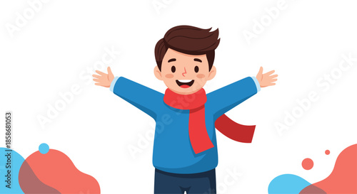 Happy boy wearing a blue sweater and red scarf stands with his arms wide open against a colorful background.