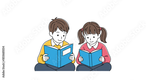 Two young students sit side by side on the floor while sharing their interest in reading blue educational books.