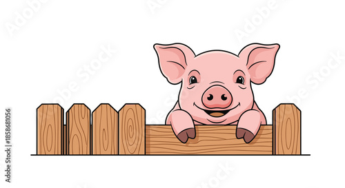 Happy little pink piglet rests its front legs on a wooden fence while smiling at the viewer on a farm.