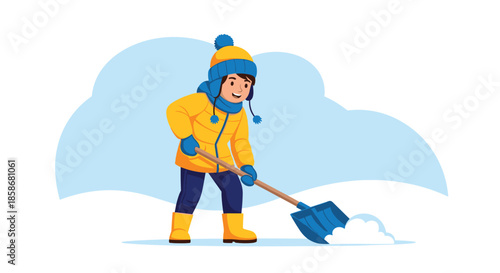 Brave young boy wearing winter gear uses a blue shovel to clear snow from a path on a cold winter day.