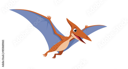 Brown pteranodon with large blue wings flies through the air with its beak open in a prehistoric scene.