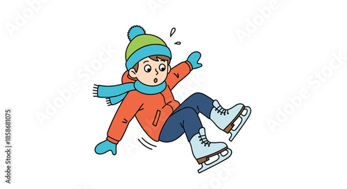 Clumsy young boy loses his balance and falls down while ice skating on a cold winter day outdoors.