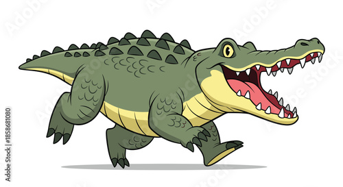 Friendly green crocodile character running happily with its mouth open on a clean white background, perfect for children education materials.