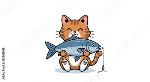 Happy orange tabby cat holds a large blue fish with a fishing line still attached to its mouth.