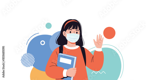 Young student girl wearing a blue medical mask and holding a book while waving her hand on an abstract colorful background for school safety.
