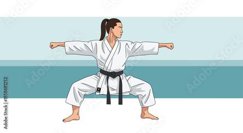 Strong woman in a white karate uniform with a black belt performing a powerful double punch technique on a blue and white background.