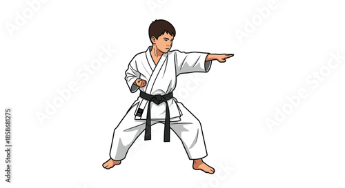 Young boy in a white martial arts uniform with a black belt performing a focused karate punch on a clean white background for sports.