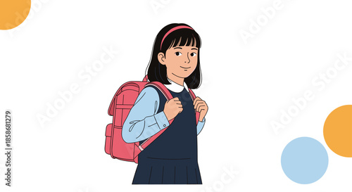 Young school girl with dark hair wearing a navy blue dress and a pink backpack looking over her shoulder on a simple artistic background.