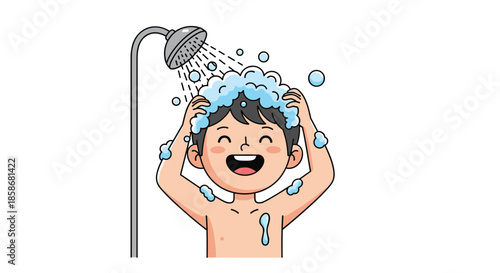 Cheerful young boy washing his hair with lots of soap bubbles while taking a refreshing shower under a shower head.