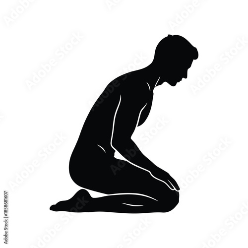 Black silhouette of a person kneeling with head bowed bowing head down