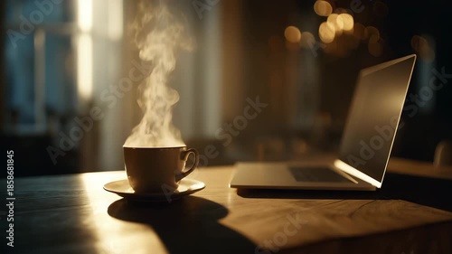 Hot coffee cup with steam on desk in cozy modern workspace morning
