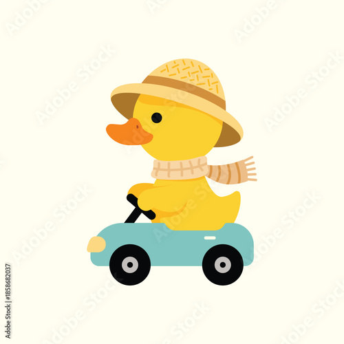 A fun hand-drawn vector of a yellow duckling driving a small blue car, wearing a straw hat and striped scarf. Ideal for nursery decor, children's t-shirts, and baby shower stationery