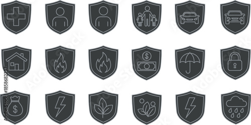 Collection of 20 shield icons with various symbols and objects