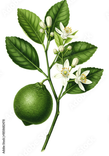 Detailed botanical watercolor of a vibrant lime fruit, leaves, white blossoms, and green buds on a branch, isolated on transparent with copy space. Concept of botanical purity and freshness