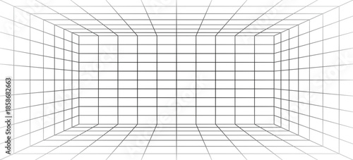Futuristic perspective grid box. Abstract wireframe with black grid line on white background. Virtual reality landscape in 80s 90s digital style. Vector illustration.