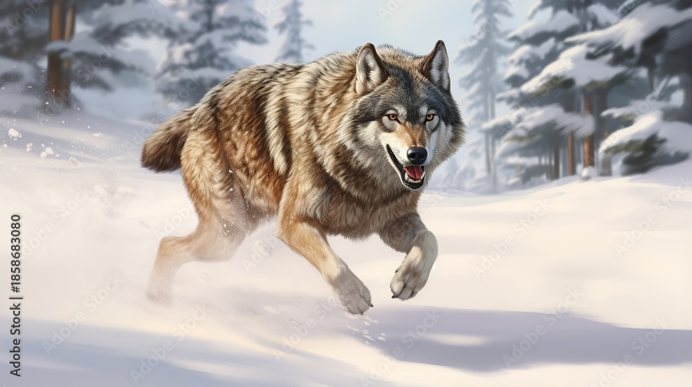 Fototapeta premium Energetic Arctic Wolf-Dog Sprinting Through Fresh Snow in a Winter Forest Landscape Scene