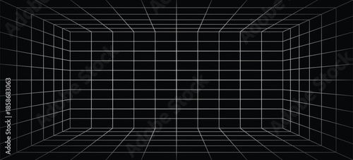 Futuristic perspective grid box. Abstract wireframe with white grid line on black background. Virtual reality landscape in 80s 90s digital style. Vector illustration.
