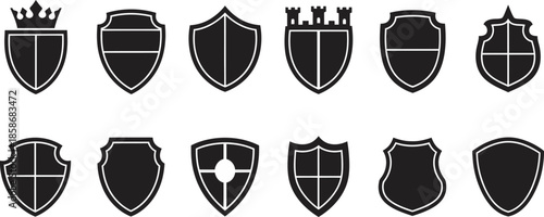 Collection of 12 black heraldic shields with various shapes and designs