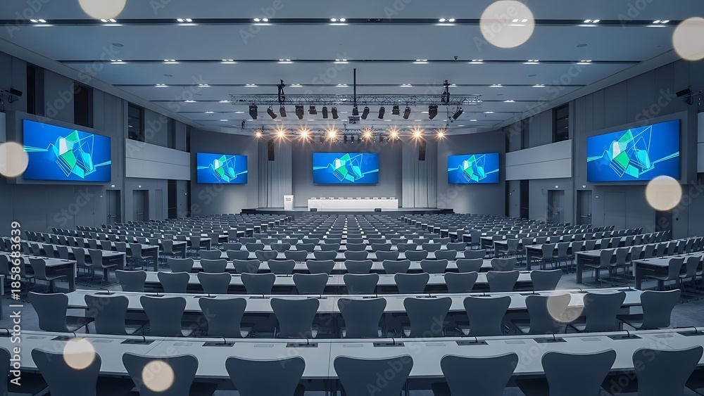 Obraz premium A large conference hall with rows of chairs and multiple screens displaying abstract graphics on the walls