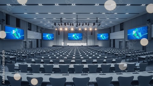 A large conference hall with rows of chairs and multiple screens displaying abstract graphics on the walls