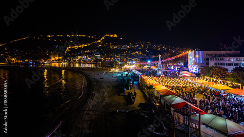 Drone View of Alanya Christmas Market at Night