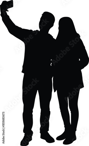 Black silhouette of a young couple taking a selfie with a smartphone, isolated on white background, capturing memories and happiness.