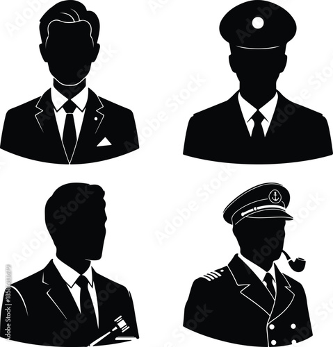 Silhouette portraits of four men in formal attire and uniforms