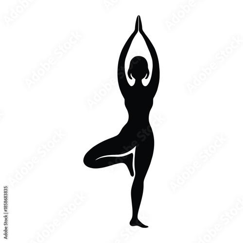 Black silhouette of a woman in a yoga tree pose on white background vrikshasana