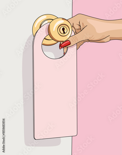 Vector Illustration of a Woman's Hand Holding a Blank Door Hanger Mockup on Pink Background. Copy Space Do Not Disturb Hotel Room Sign
