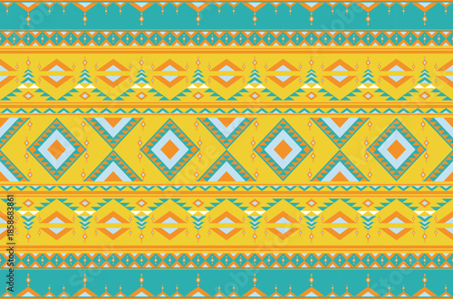 Orange and yellow contemporary ethnic pattern on green background.