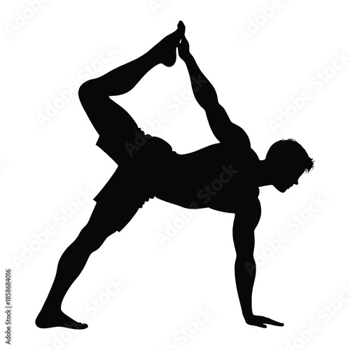 Black silhouette of man performing yoga pose on white background exercise