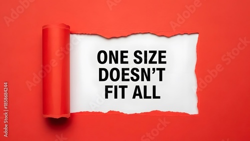 One size doesn't fit all text inside torn red paper with white space