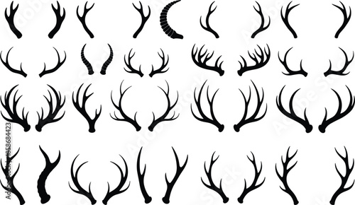 Deer Antlers and Animal Horns Silhouette Collection for Hunting and Nature Design.