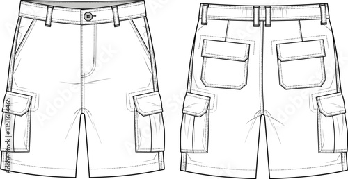 Men's cargo shorts technical fashion sketch, front and back view, flap pockets, belt loops, vector illustration for apparel design