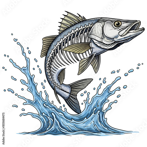 Jumping snook fish skeleton with blue water splash vector illustration