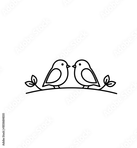 Simple line art drawing of two birds facing each other on a branch, symbolizing love and companionship Vector