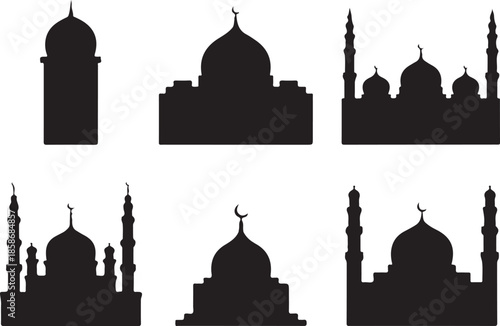 Set of six classic black mosque silhouettes on transparent background islamic worship places architecture
